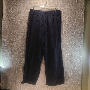 Cynthia Rowley 100% Linen Blend Pants Cropped Wide Leg Pull On Pockets Navy